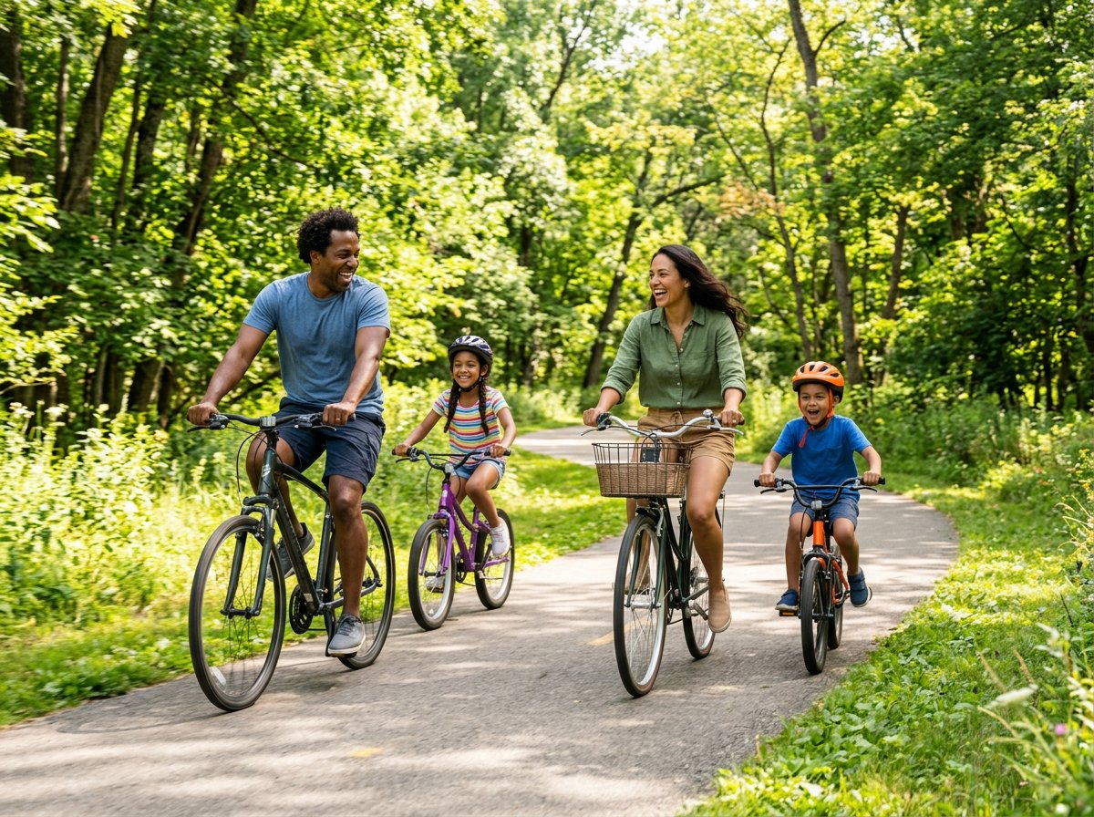 A family riding bikes together on a sunny neighborhood trail