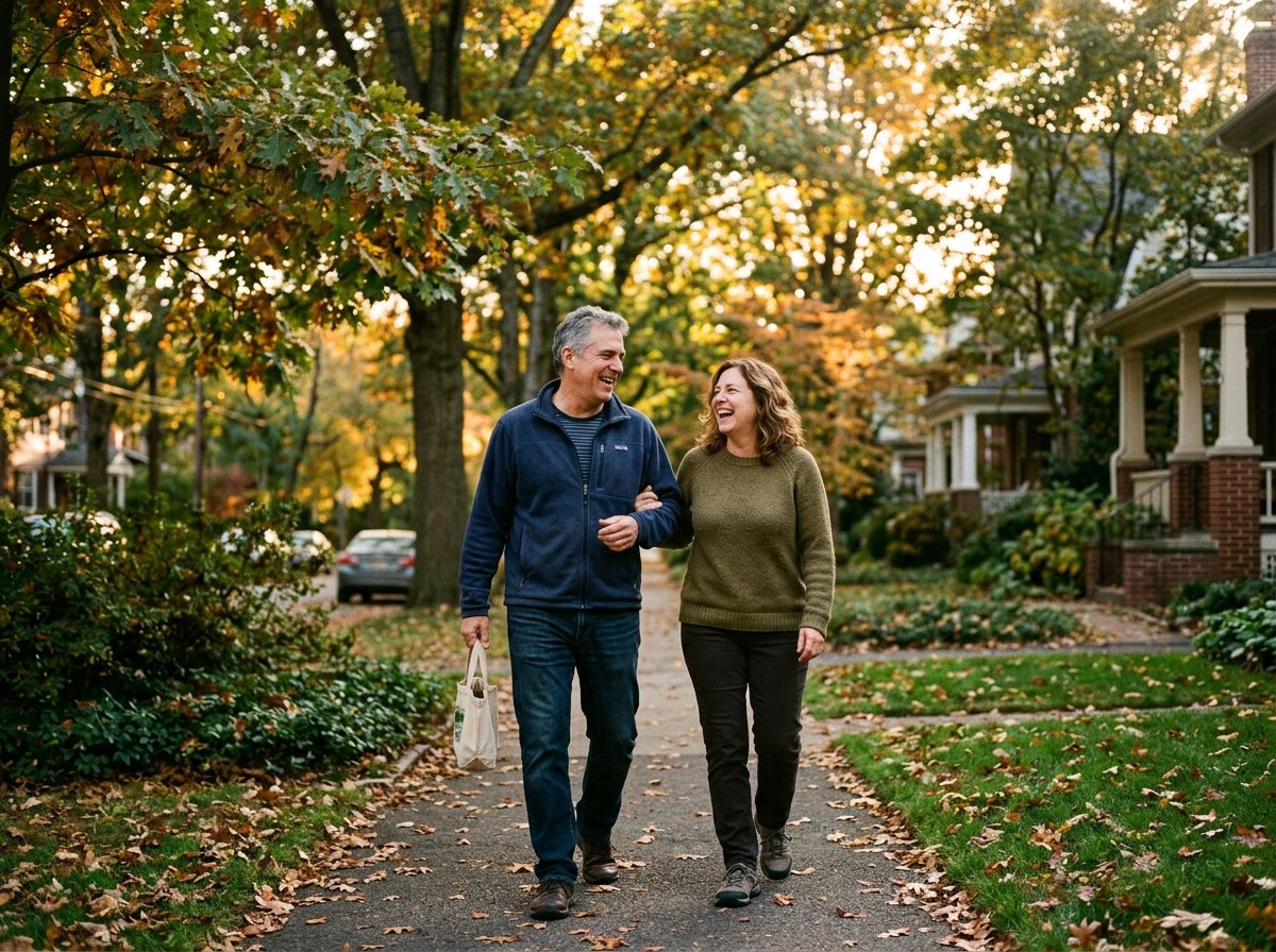 A middle-aged couple laughing as they walk arm in arm along an autumn path