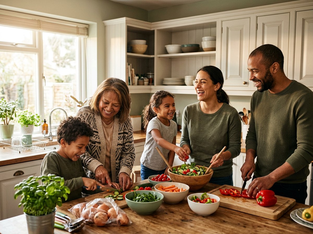 A multigenerational family laughing together while cooking a meal in a sunlit kitchen