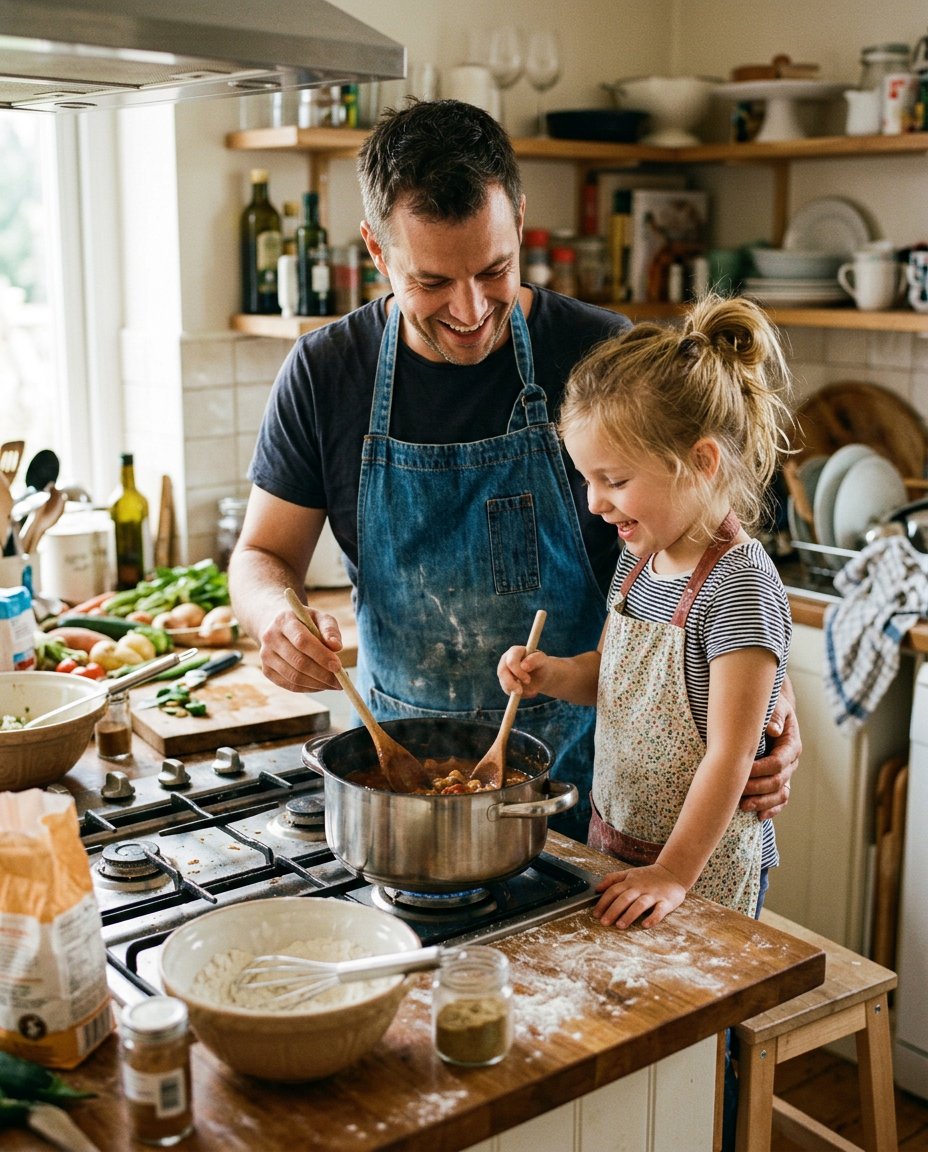 A father and his young daughter cooking together at the kitchen counter