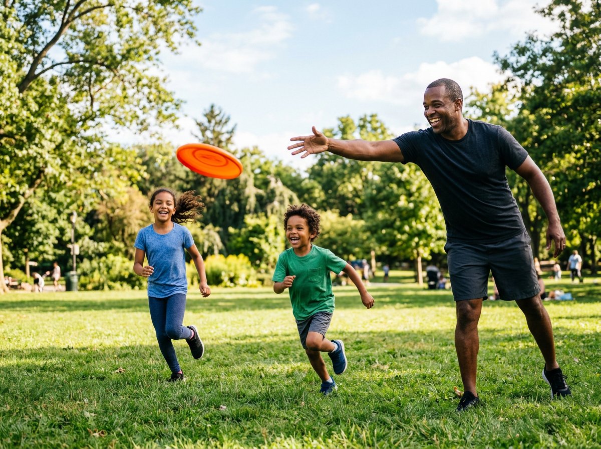 A dad and two kids playing frisbee together in a sunny park