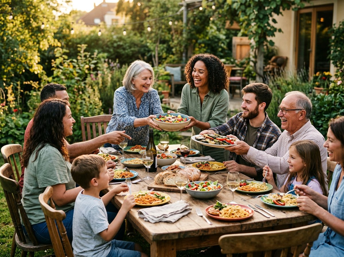 Family and friends laughing together around an outdoor backyard table while sharing a meal